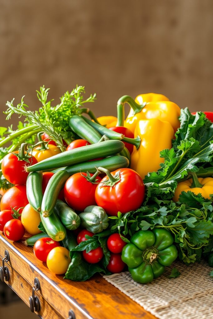 Vibrant Fruits and Vegetables Display – free AI stock image