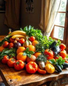 Vibrant Fruits and Vegetables Display – free AI stock image