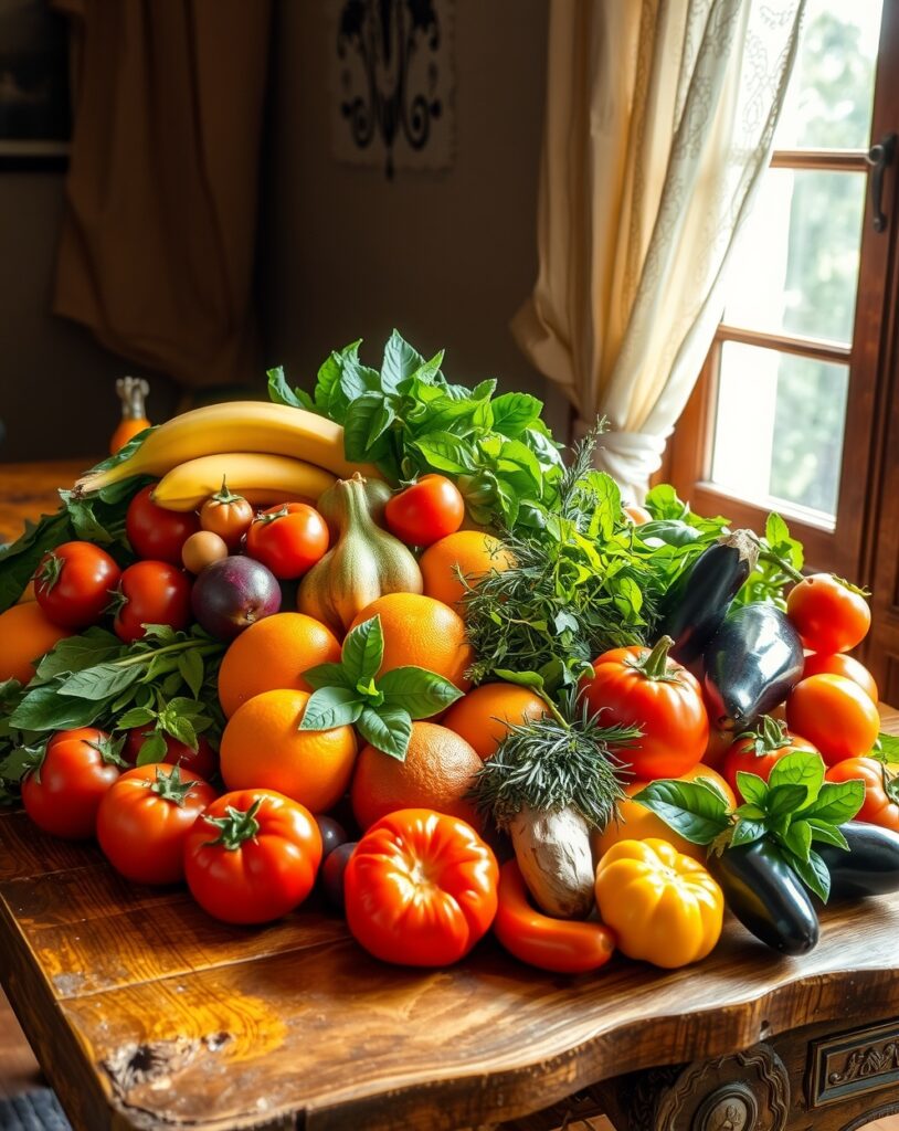 Vibrant Fruits and Vegetables Display – free AI stock image