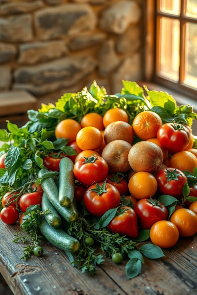 Vibrant Fruits and Vegetables Display – free AI stock image