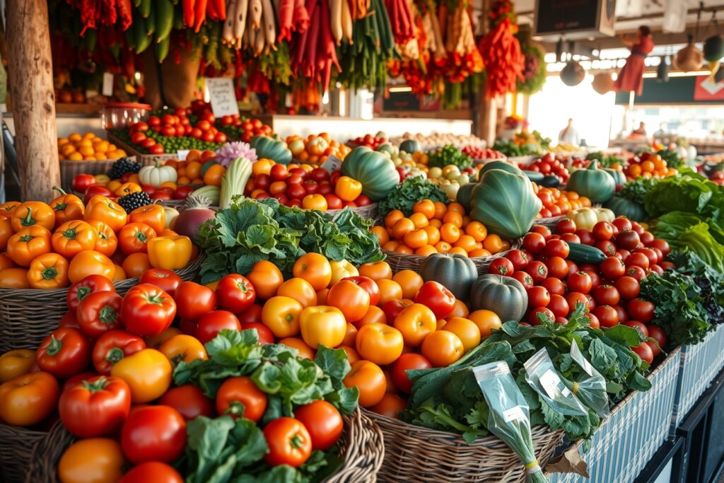 Vibrant Fruits and Vegetables Display – free AI stock image