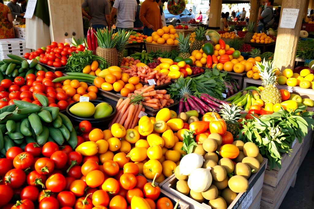 Vibrant Fruits and Vegetables Display – free AI stock image
