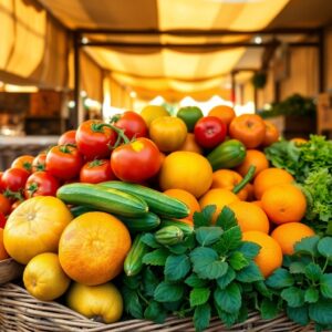 Vibrant Fruits and Vegetables Display – free AI stock image
