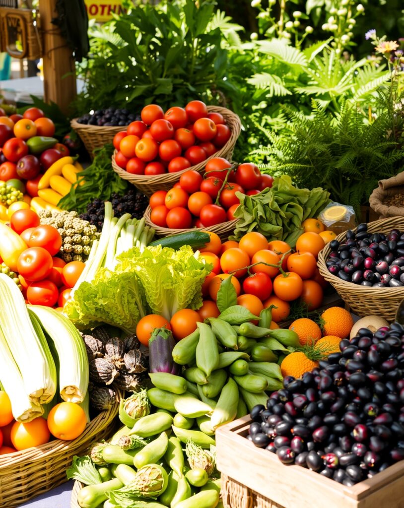 Vibrant Fruits and Vegetables Display – free AI stock image