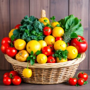 Vibrant Fruits and Vegetables Display – free AI stock image