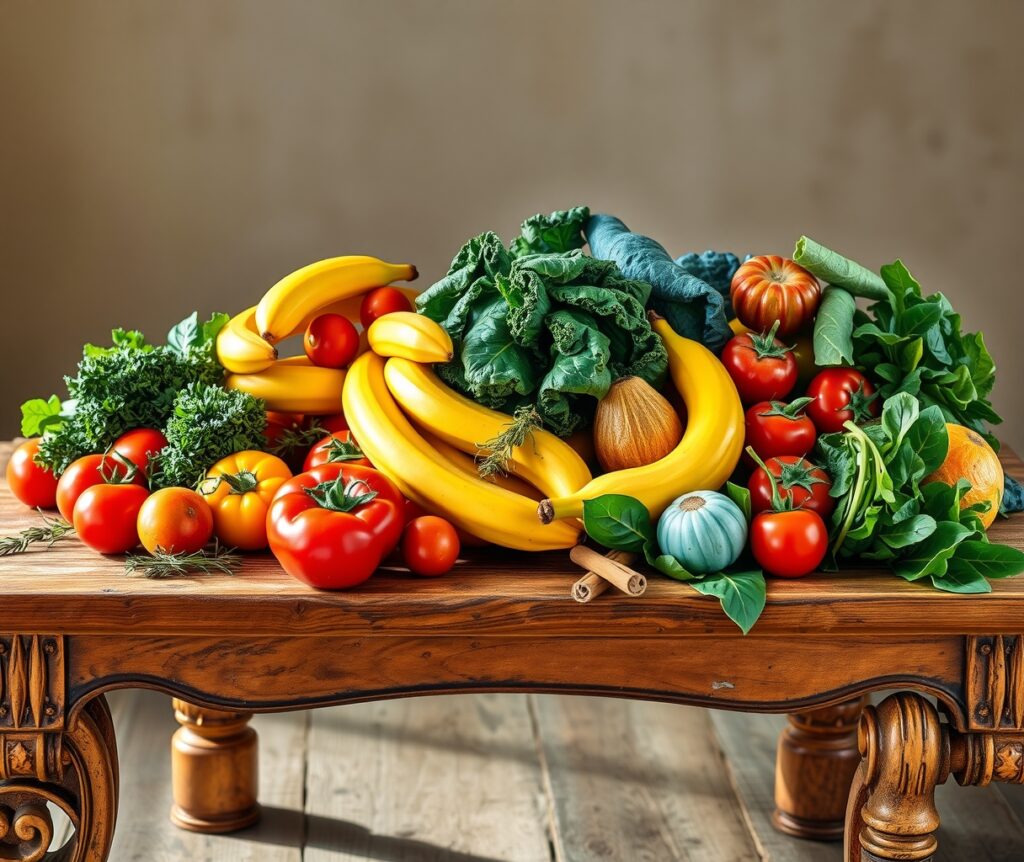 Vibrant Fruits and Vegetables Display – free AI stock image