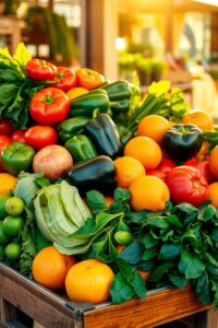 Vibrant Fruits and Vegetables Display – free AI stock image