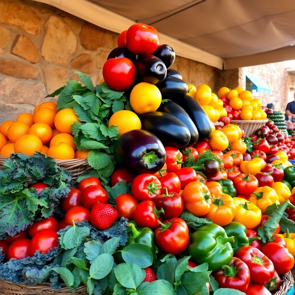 Vibrant Fruits and Vegetables Display – free AI stock image