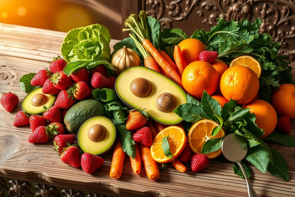 Vibrant Fruits and Vegetables Display for Health – free AI stock image