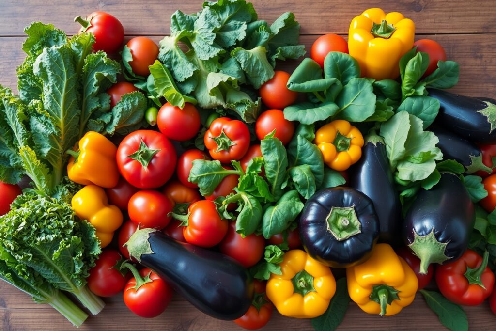 Vibrant Fruits and Vegetables Displayed Abundantly – free AI stock image