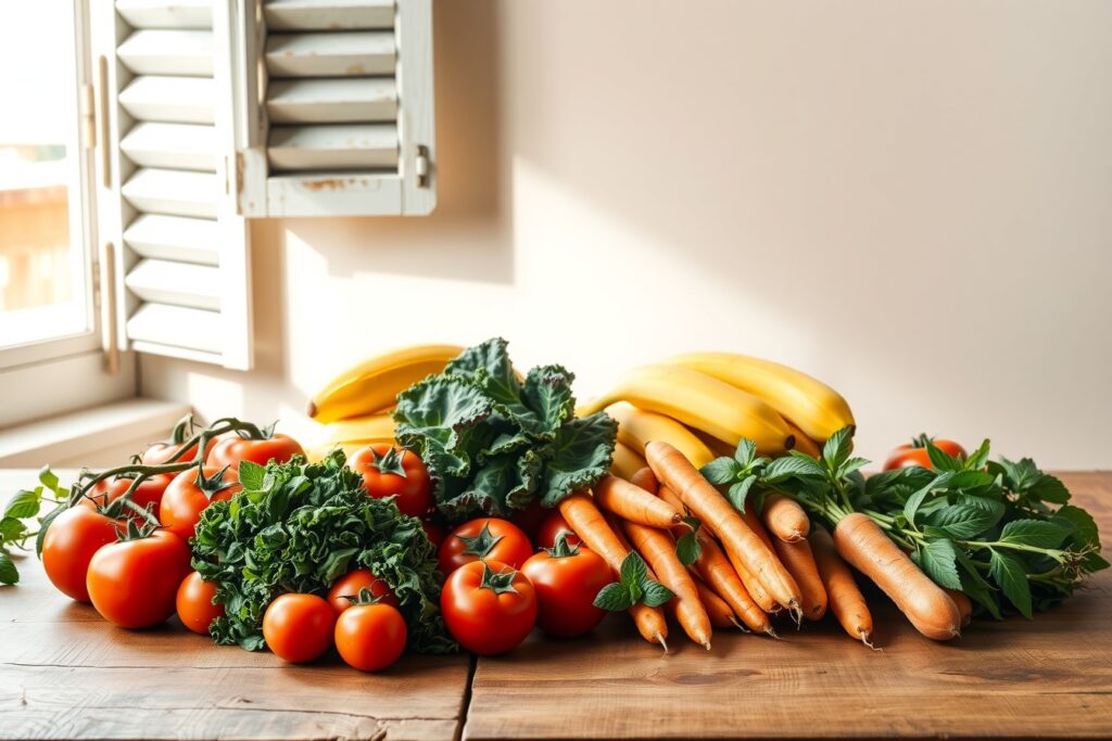 Vibrant Fruits and Vegetables Displayed Artfully – free AI stock image