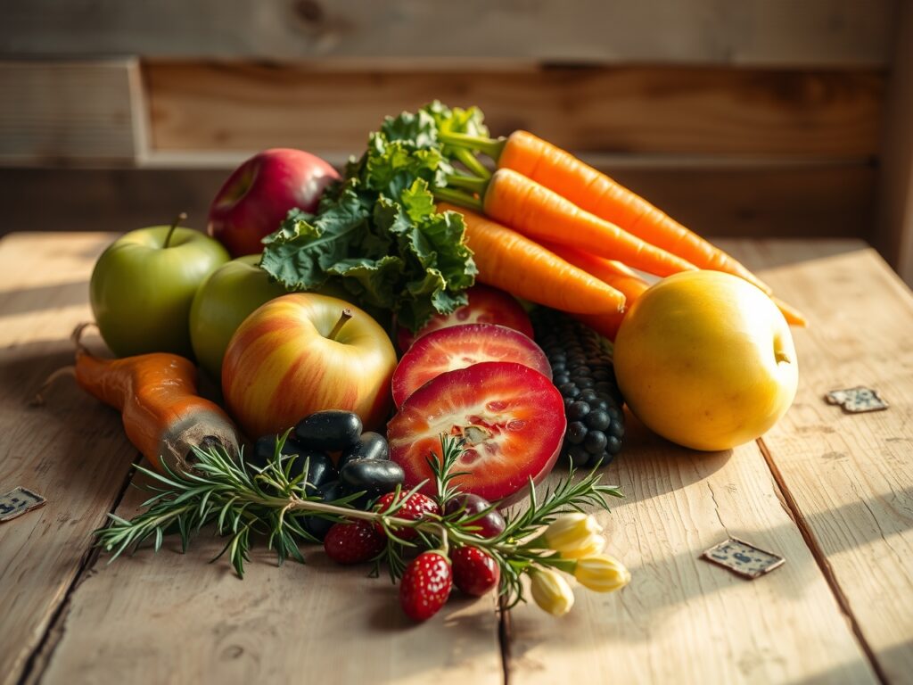 Vibrant Fruits and Vegetables Displayed Artfully – free AI stock image