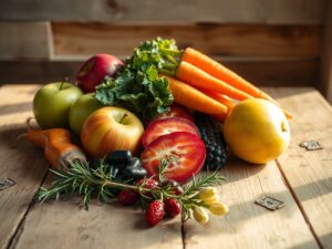 Vibrant Fruits and Vegetables Displayed Artfully – free AI stock image