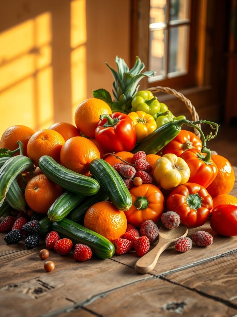 Vibrant Fruits and Vegetables Displayed Artfully – free AI stock image