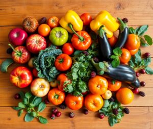 Vibrant Fruits and Vegetables Displayed Together – free AI stock image