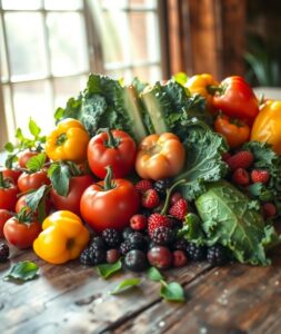 Vibrant Fruits and Vegetables Displayed Together – free AI stock image
