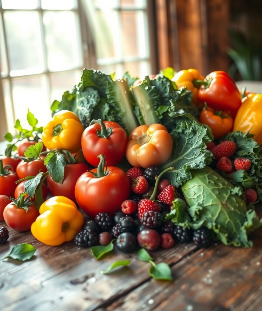 Vibrant Fruits and Vegetables Displayed Together – free AI stock image