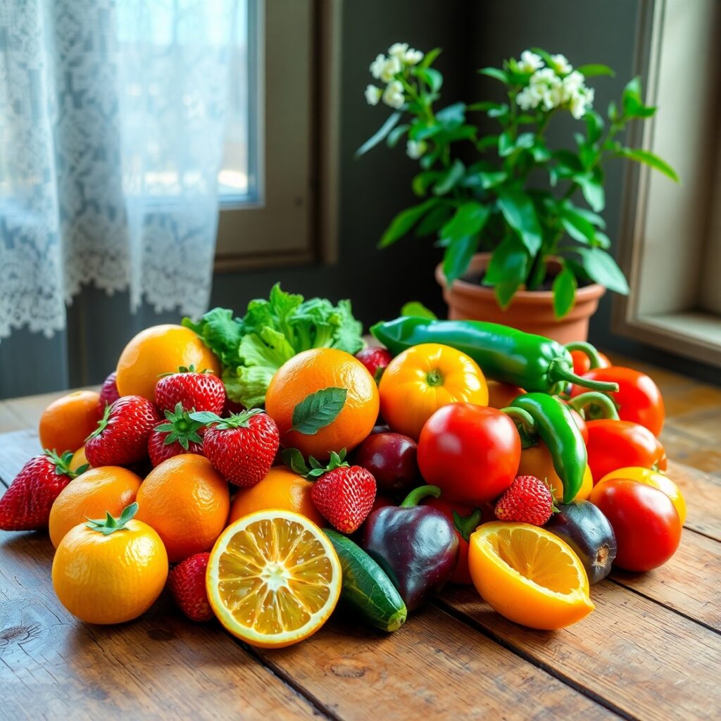 Vibrant Fruits and Vegetables for Health – free AI stock image