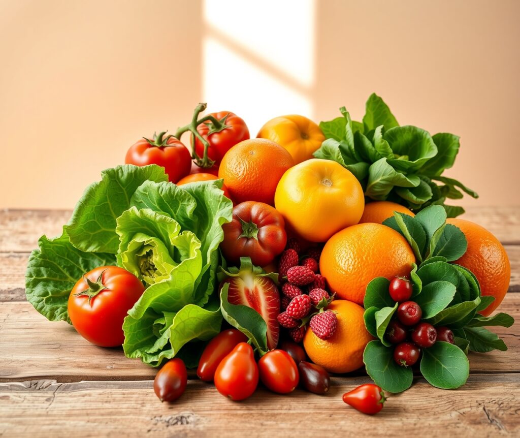 Vibrant Fruits and Vegetables for Health – free AI stock image