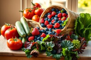 Vibrant Fruits and Vegetables for Health – free AI stock image