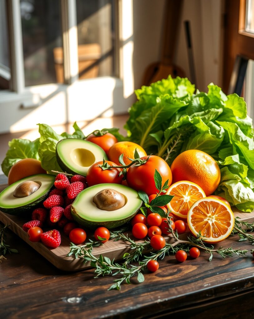 Vibrant Fruits and Vegetables Harmony – free AI stock image
