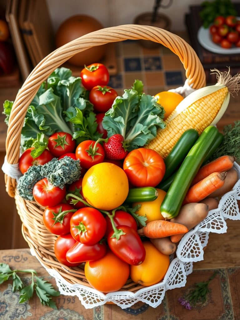 Vibrant Fruits and Vegetables in a Basket – free AI stock image
