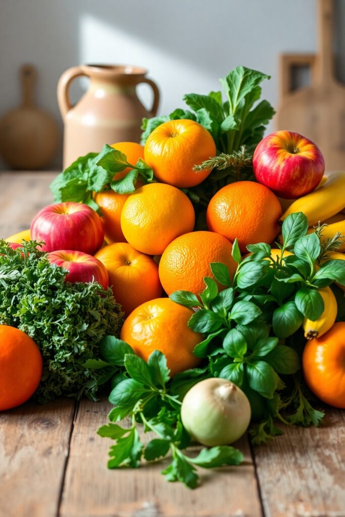 Vibrant Fruits and Vegetables on a Table – free AI stock image