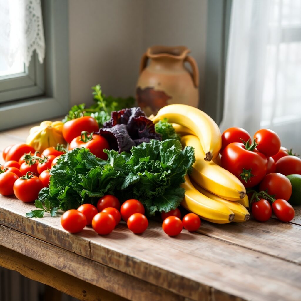 Vibrant Fruits and Vegetables on a Table – free AI stock image