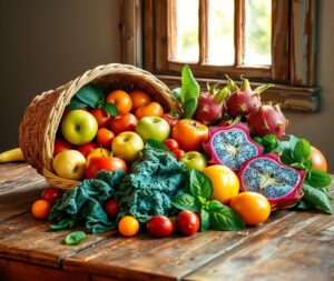 Vibrant Fruits and Vegetables on a Table – free AI stock image