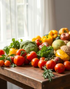 Vibrant Fruits and Vegetables on a Table – free AI stock image