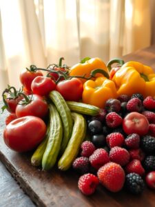 Vibrant Fruits and Vegetables on a Table – free AI stock image