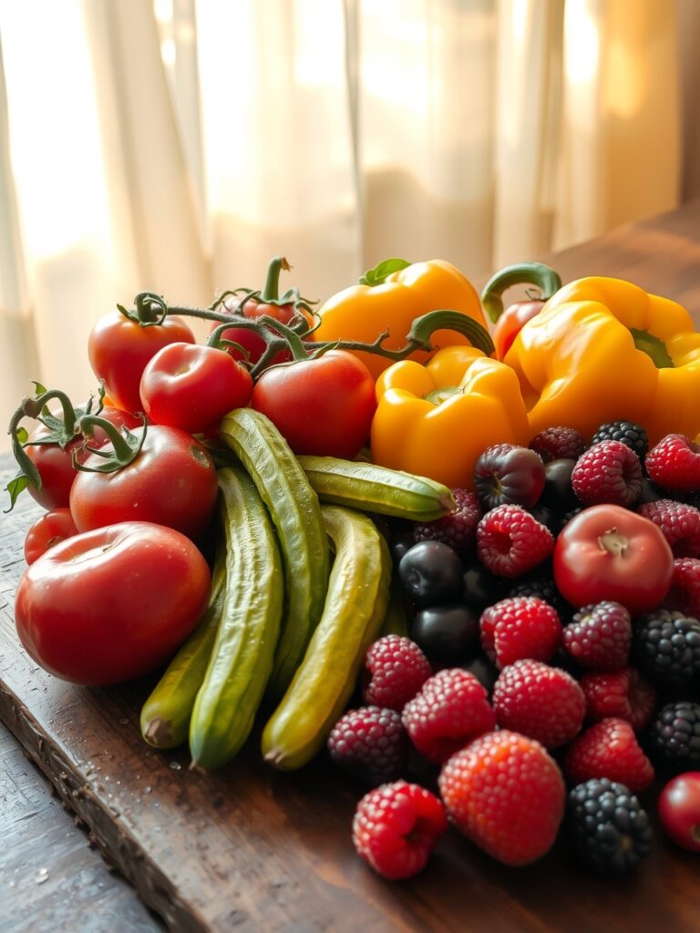 Vibrant Fruits and Vegetables on a Table – free AI stock image