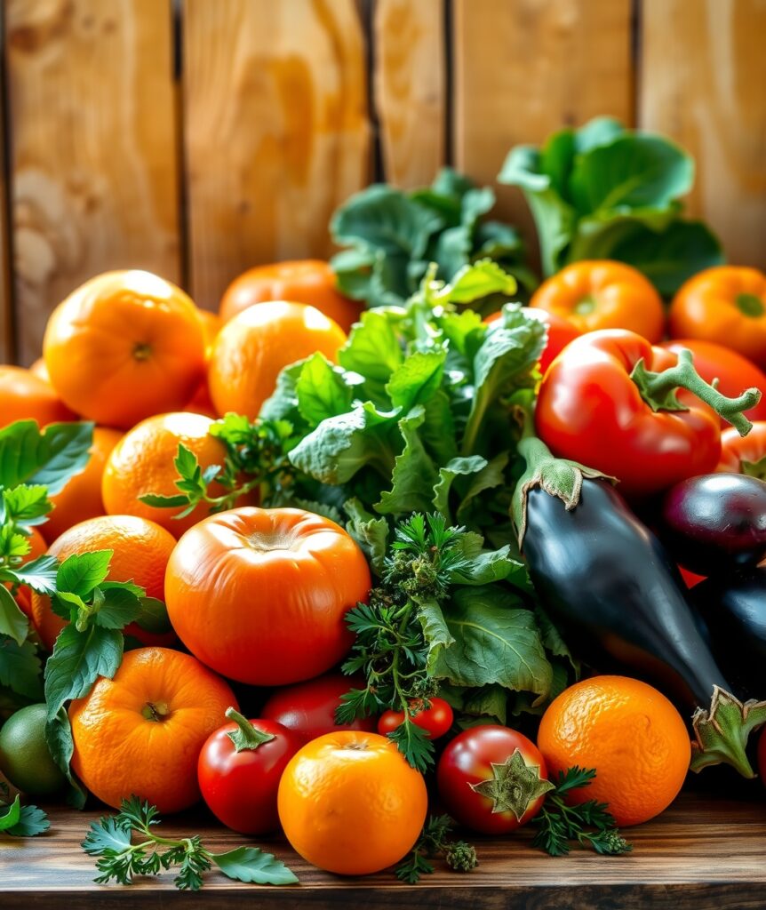 Vibrant Fruits and Vegetables on a Table – free AI stock image