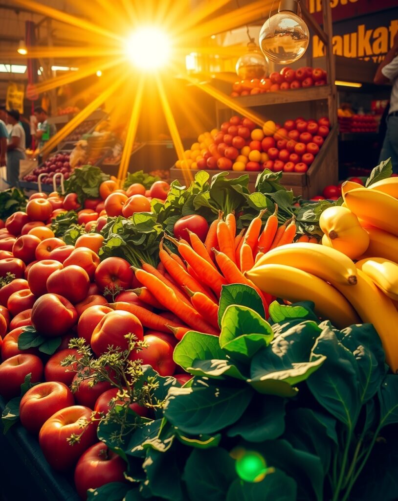 Vibrant Fruits and Vegetables on Display – free AI stock image