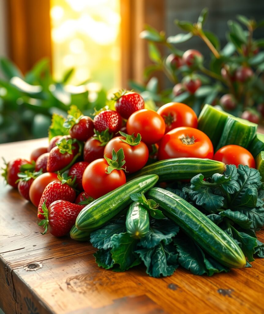 Vibrant Fruits and Vegetables on Display – free AI stock image
