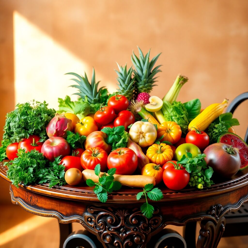 Vibrant Fruits and Vegetables on Table – free AI stock image
