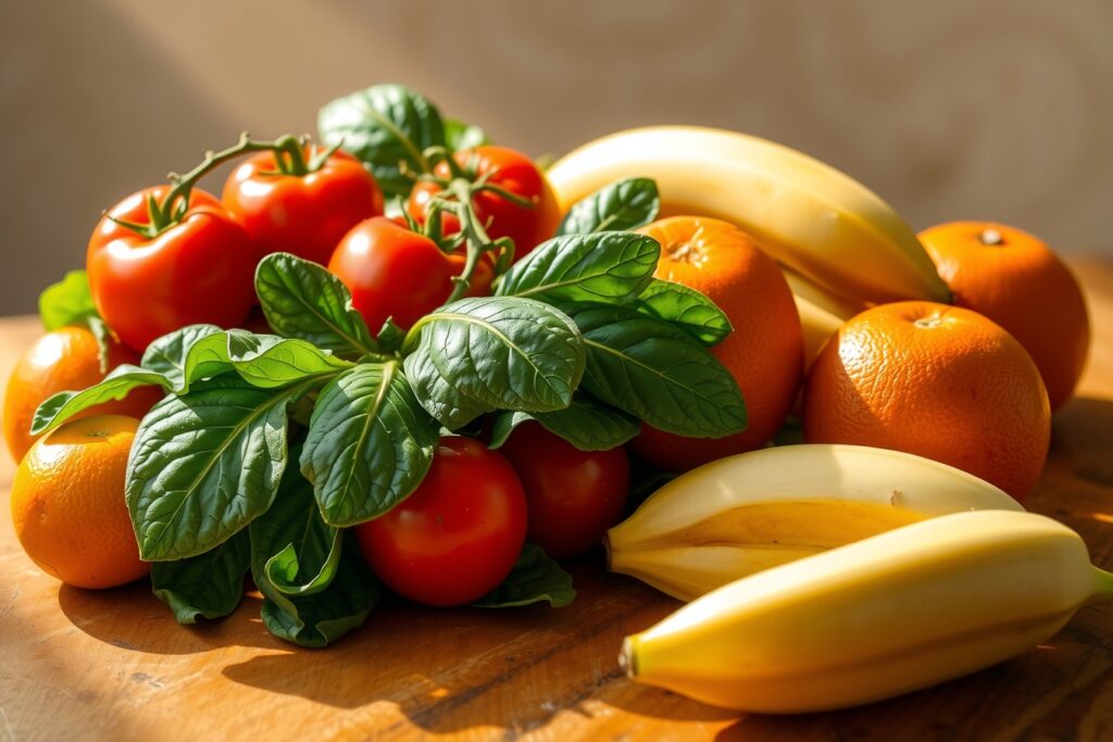 Vibrant Fruits and Vegetables on Wooden Table – free AI stock image