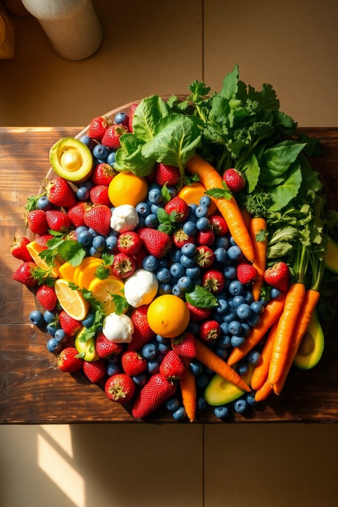 Vibrant Fruits and Vegetables Overhead Shot – free AI stock image