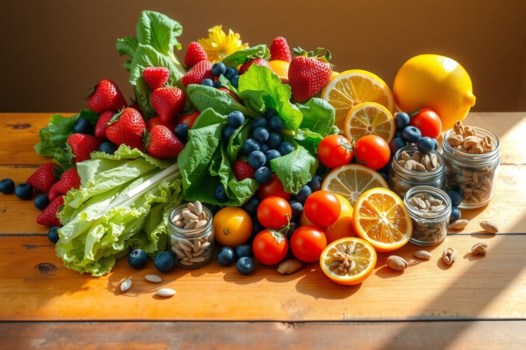 Vibrant Fruits and Vegetables Spread – free AI stock image