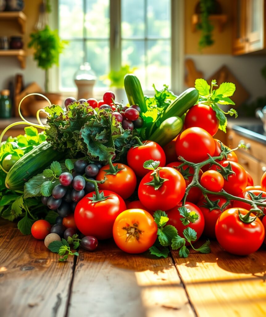 Vibrant Fruits and Vegetables Spread – free AI stock image
