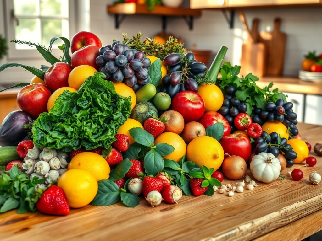 Vibrant Fruits and Vegetables Spread – free AI stock image