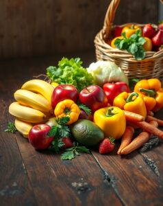 Vibrant Fruits and Vegetables Spread – free AI stock image