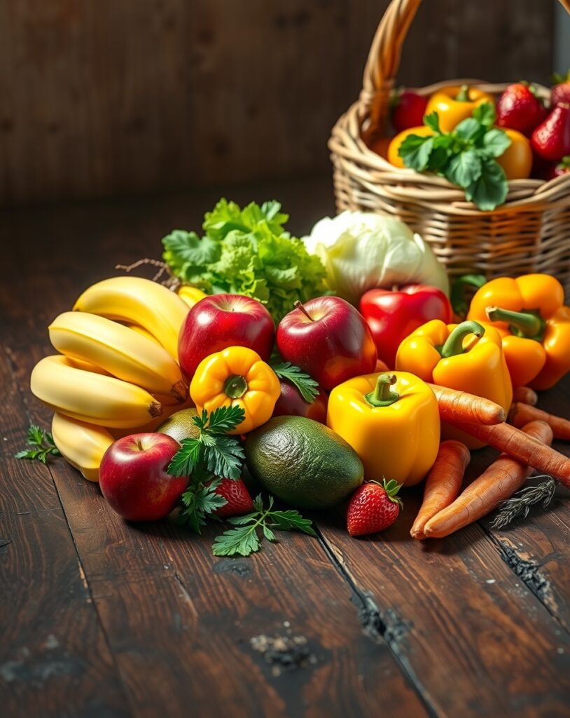 Vibrant Fruits and Vegetables Spread – free AI stock image