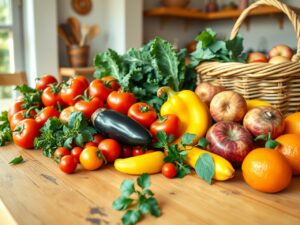 Vibrant Fruits and Vegetables Spread on Table – free AI stock image
