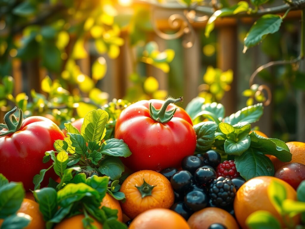 Vibrant Fruits and Veggies in Sunlight – free AI stock image