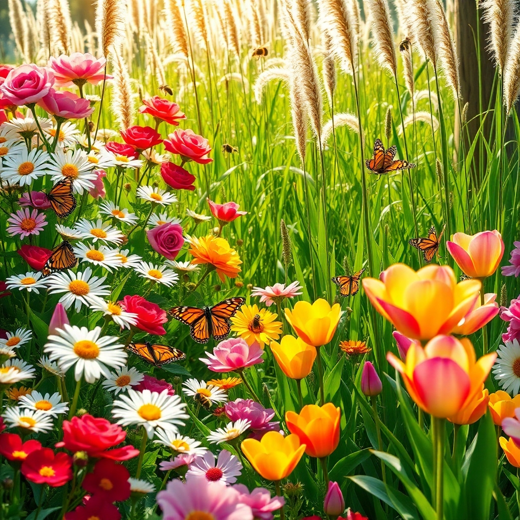 Vibrant Garden Blooms in Spring Light – free AI stock image