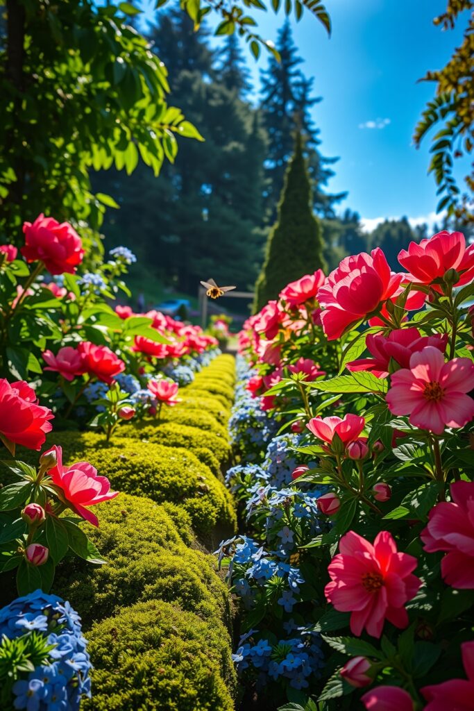 Vibrant Garden Blooms Under Sunlit Sky – free AI stock image