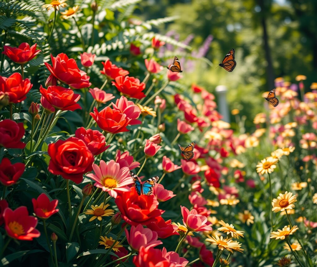 Vibrant Garden Blooms Under Sunny Skies – free AI stock image