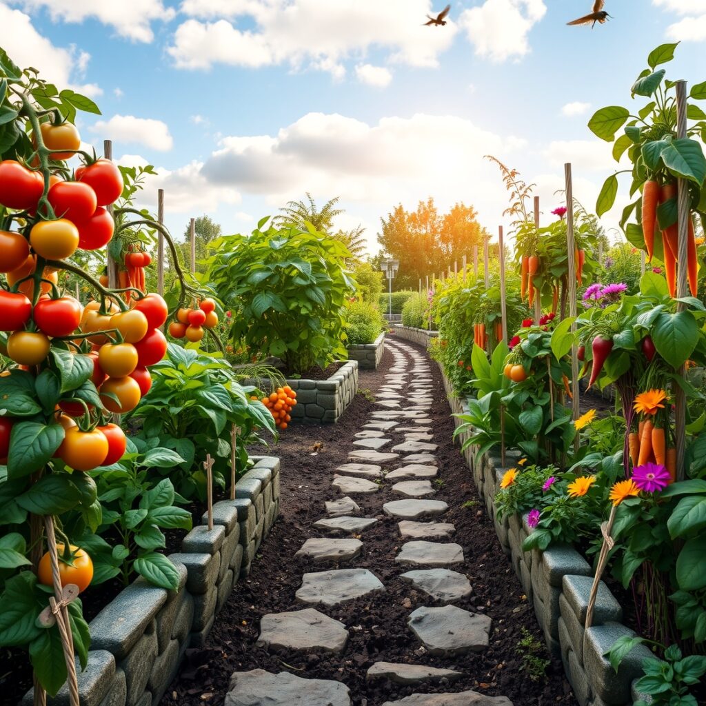 Vibrant Garden with Fresh Fruits and Vegetables – free AI stock image