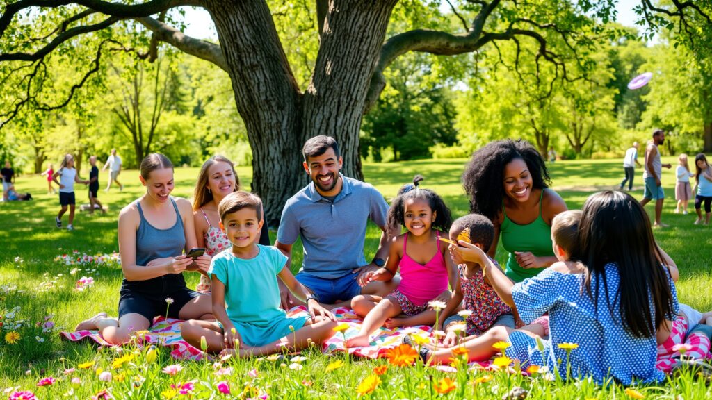 A Vibrant Gathering of Friends in a Sunlit Park image – free AI stock image